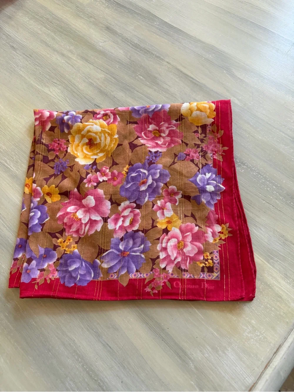 Christian Dior Scarf Vibrant Multicolor Floral Print Gold Shimmer Bandanna